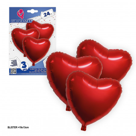 Ballon aluminium coeur rouge pailleté 24cm 3pcs