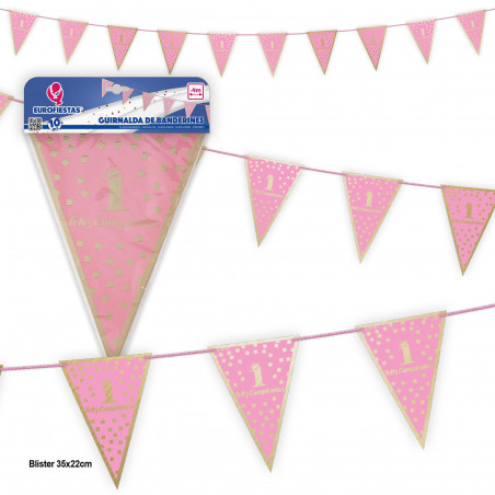 Guirlande de fanions collection joyeux 1er anniversaire rose