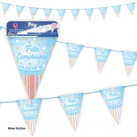 Guirlande de fanions collection pois bleus joyeux anniversaire.
