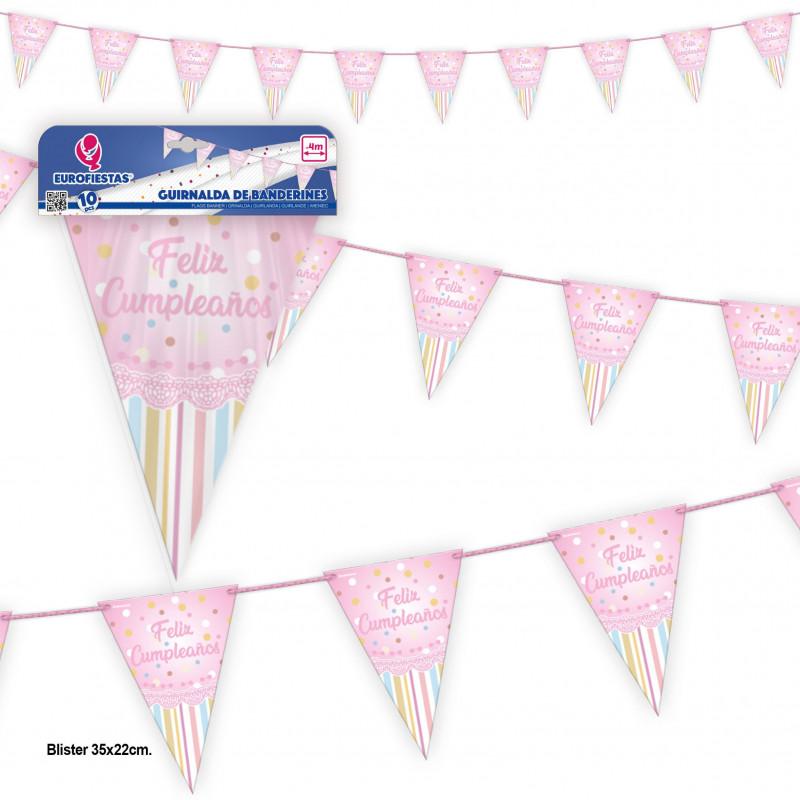 Guirlande de fanions collection pois roses joyeux anniversaire