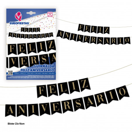 Guirlande de fanions joyeux anniversaire noir et or.