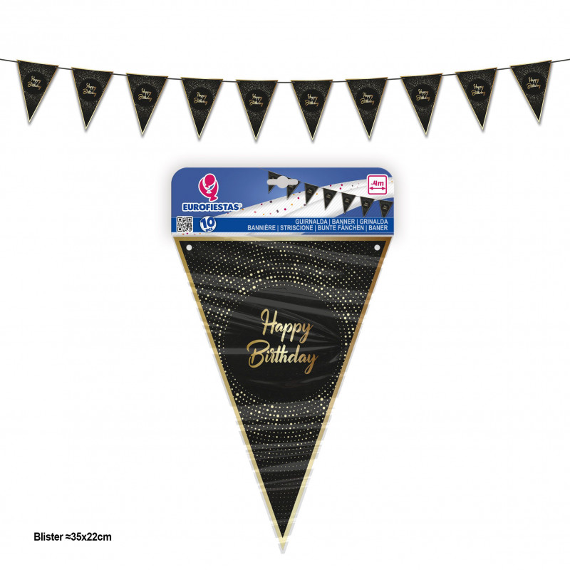 Guirlande bannière noire et or col happy birthday dots