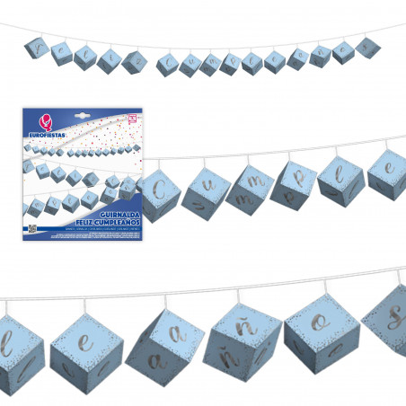Guirlande cube joyeux anniversaire bleu