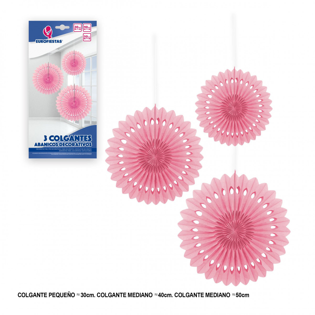 Ensemble de 3 pompons roses décoratifs à suspendre.