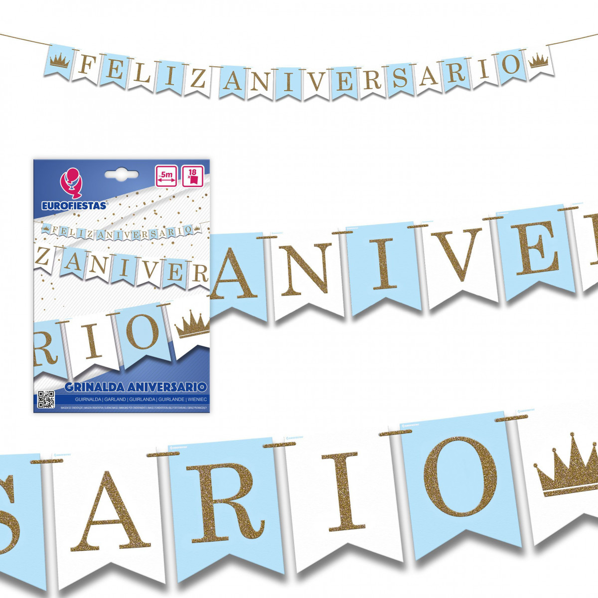 Guirlande Joyeux Anniversaire Bleu Blanc Paillettes Or