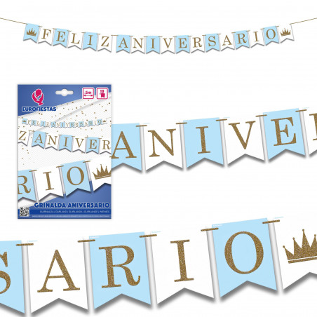 Guirlande Joyeux Anniversaire Bleu Blanc Paillettes Or