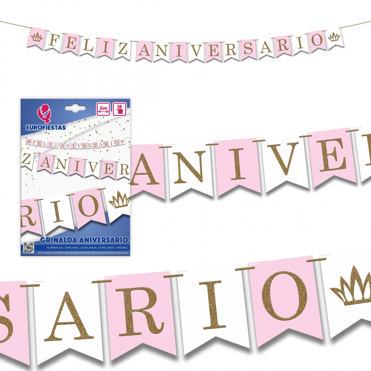 Guirlande Joyeux Anniversaire Rose Blanc Paillettes Or
