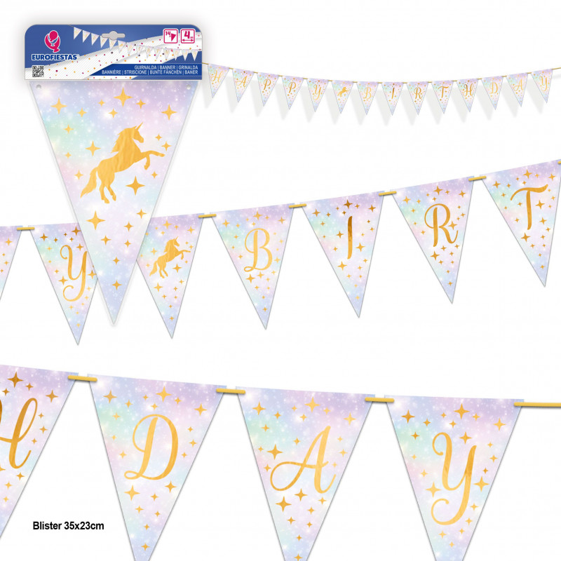 Guirlande joyeux anniversaire licorne or fond tons