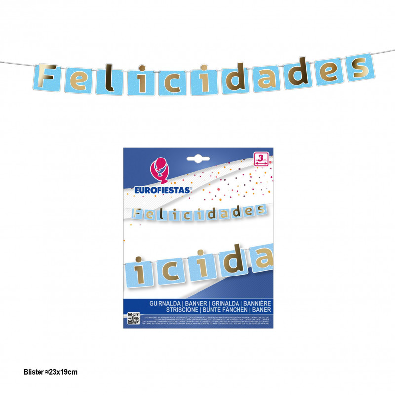 Guirlande félicitations fanions bleus avec lettres dorées métalliques.