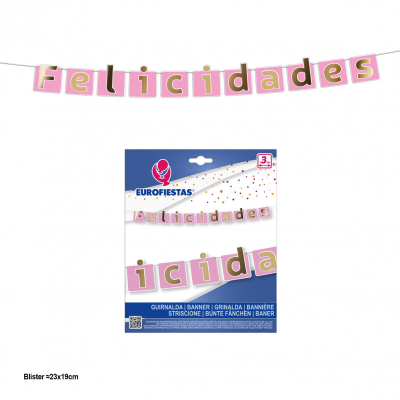 Guirlande « Joyeux anniversaire » avec fanions roses et lettres dorées métallisées