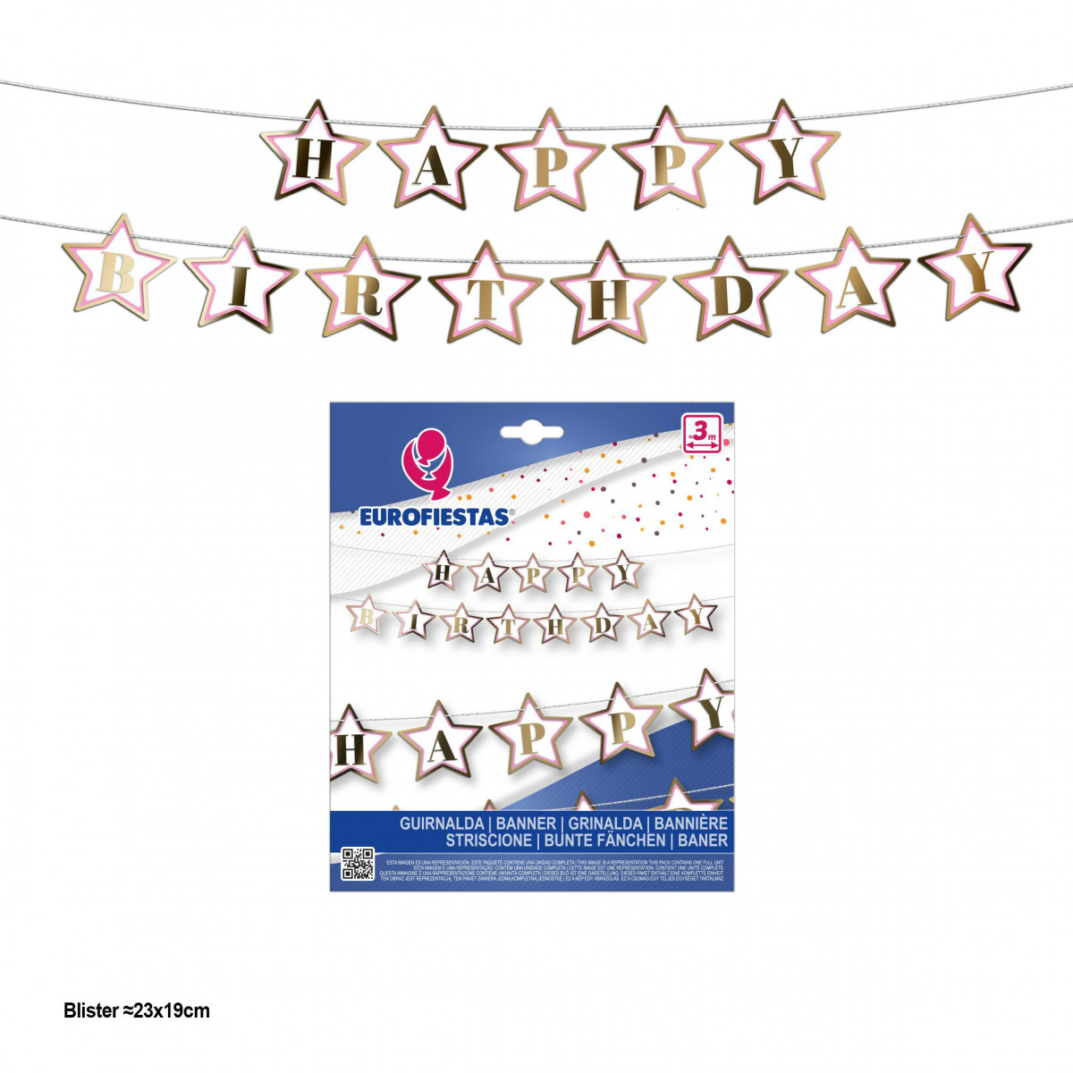 Guirlande joyeux anniversaire fanions étoile bord rose et or métallisé
