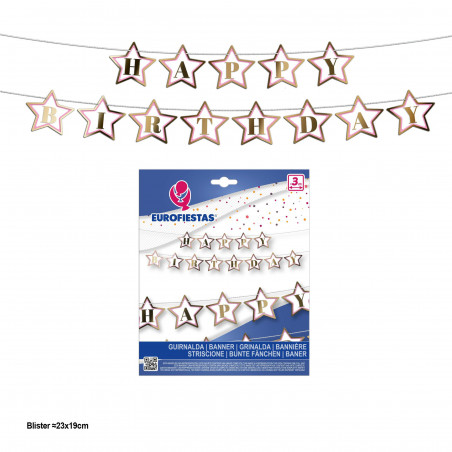 Guirlande joyeux anniversaire avec fanions étoiles rose et bordure or métallisé