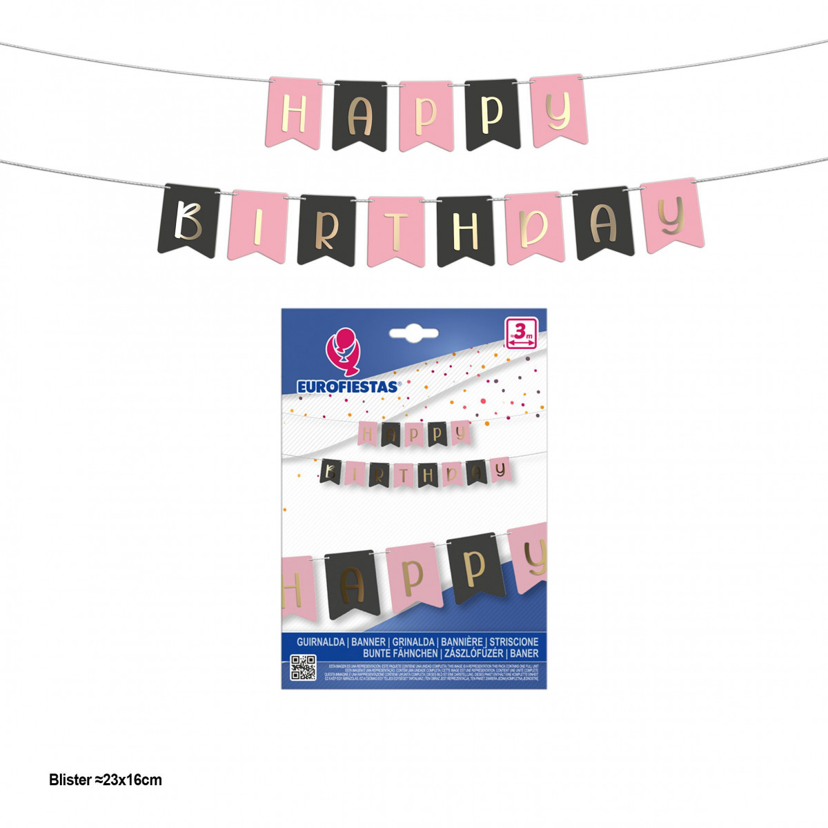 Guirlande joyeux anniversaire fanions rose et gris avec lettres dorées métallisées.