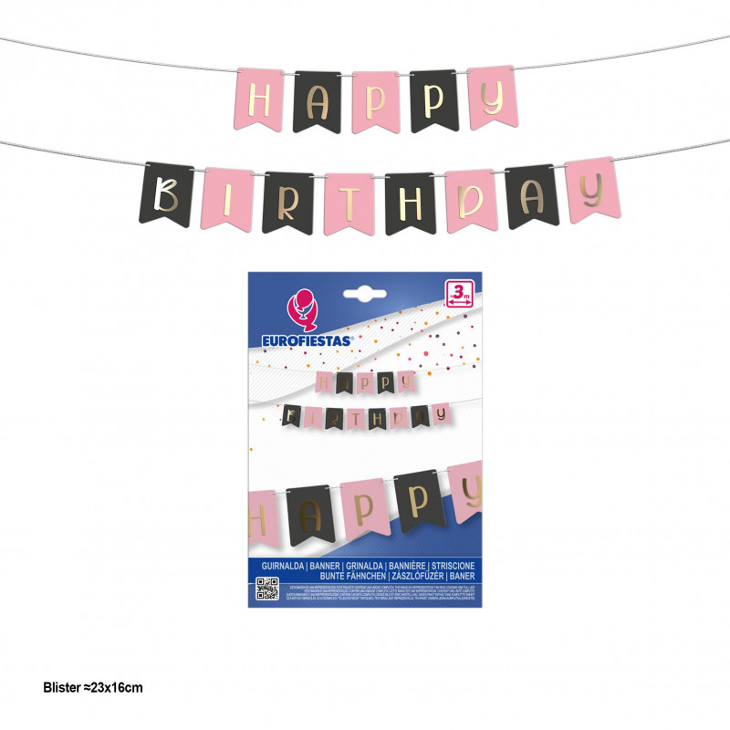 Guirlande joyeux anniversaire avec fanions roses et gris avec lettres dorées métallisées