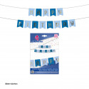 Guirlande joyeux anniversaire fanions bleu ciel et bleu royal avec lettres dorées métalliques.