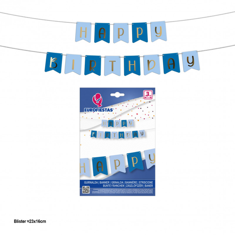Guirlande joyeux anniversaire fanions bleu ciel et bleu royal avec lettres dorées métalliques.