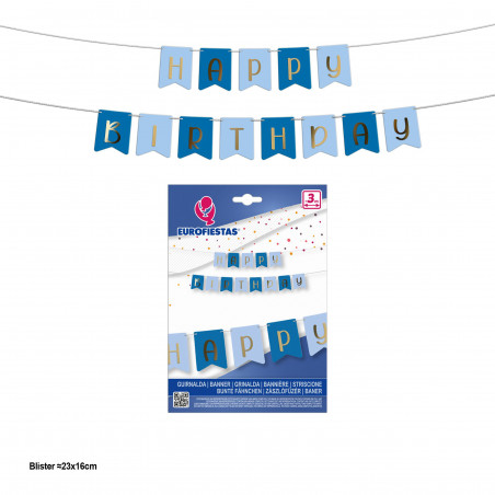 Guirlande joyeux anniversaire fanions bleu ciel et bleu royal avec lettres dorées métalliques.