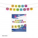 Guirlande « Joyeux anniversaire » avec des fanions en forme de fleurs et des lettres dorées à paillettes