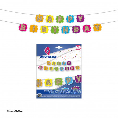 Guirlande « Joyeux anniversaire » avec des fanions en forme de fleurs et des lettres dorées à paillettes