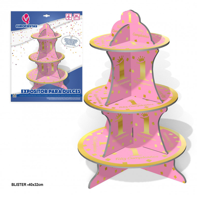 Présentoir de bonbons « Joyeux 1er anniversaire », rose