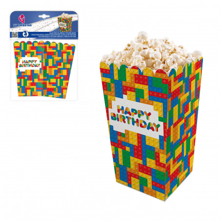 Boîtes à Popcorn Joyeux Anniversaire avec Design de Blocs Pack de 3 Unités