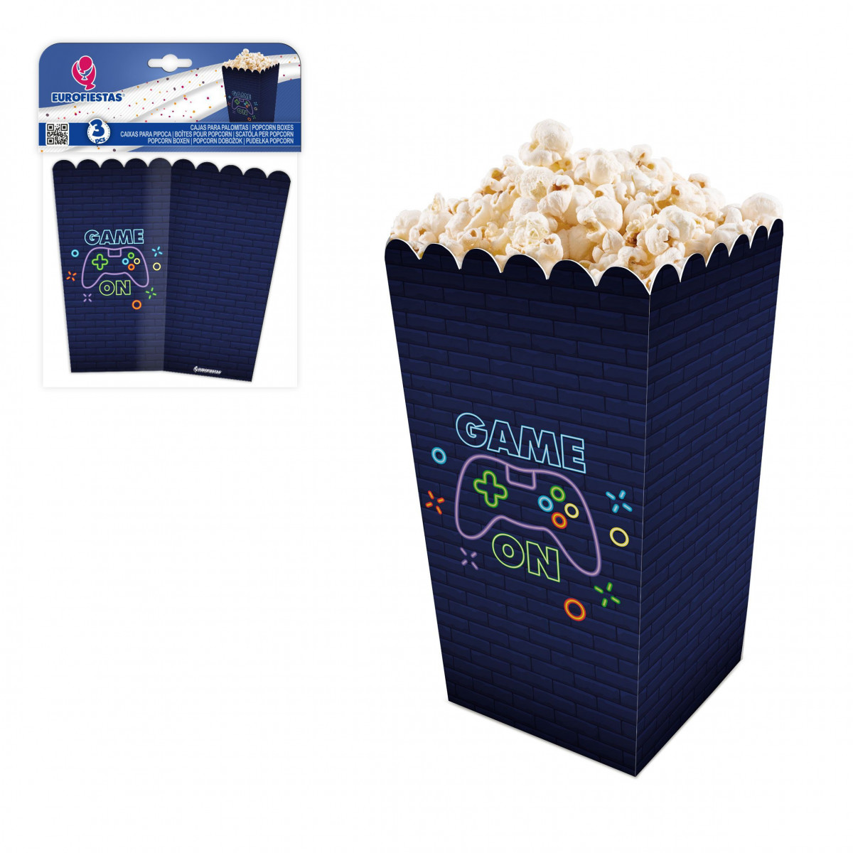 Boîte de pop-corn avec un jeu dessus