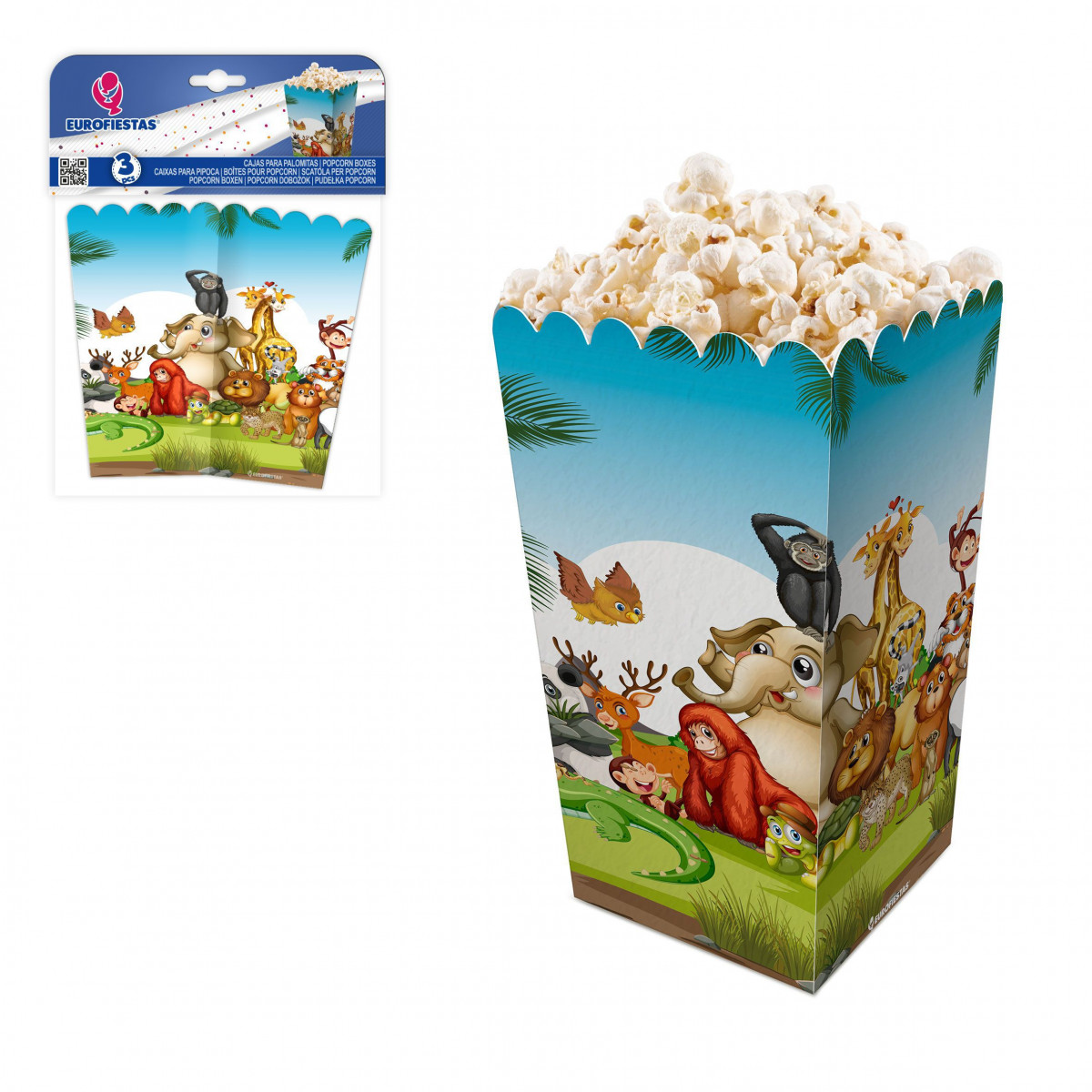 Boîte de pop-corn avec des animaux amusants