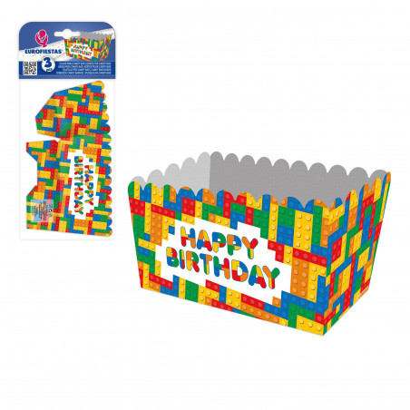 Boîtes à Popcorn "Joyeux Anniversaire" avec Design de Blocs Pack de 3 Unités