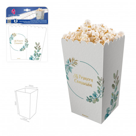 Mes boîtes à pop-corn de première communion au design élégant avec détails dorés et feuilles