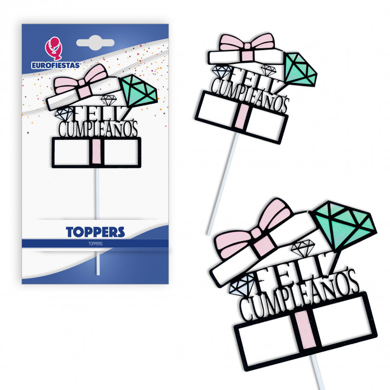 "Topper joyeux anniversaire diamant rose"