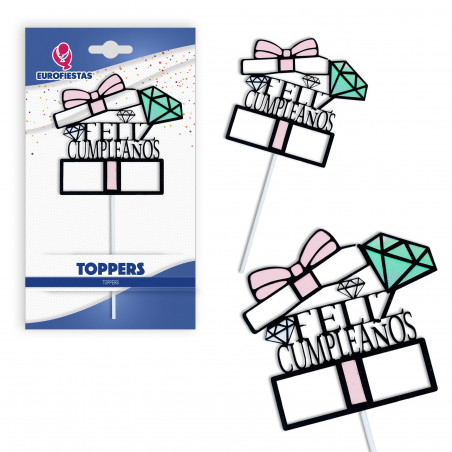 "Topper joyeux anniversaire diamant rose"