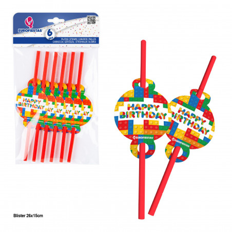 Lot de 6 pailles à motif bloc « Joyeux anniversaire »