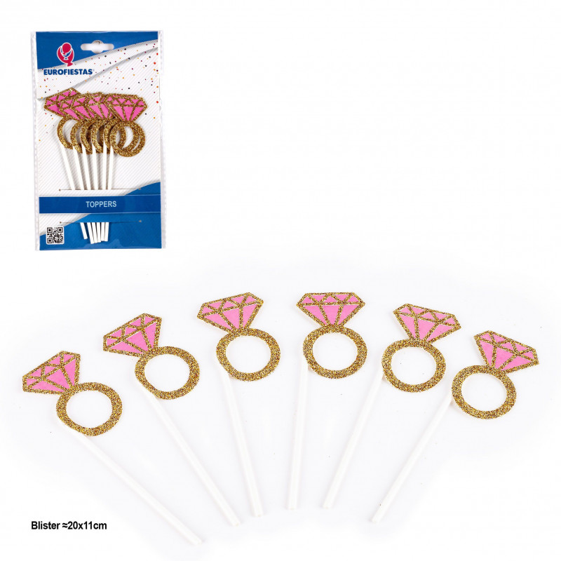 Topper bagues avec diamant rose et paillettes dorées 2pcs