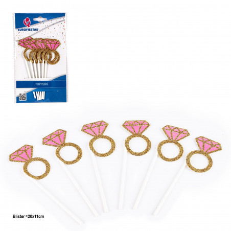 Topper bagues avec diamant rose et paillettes dorées 2pcs