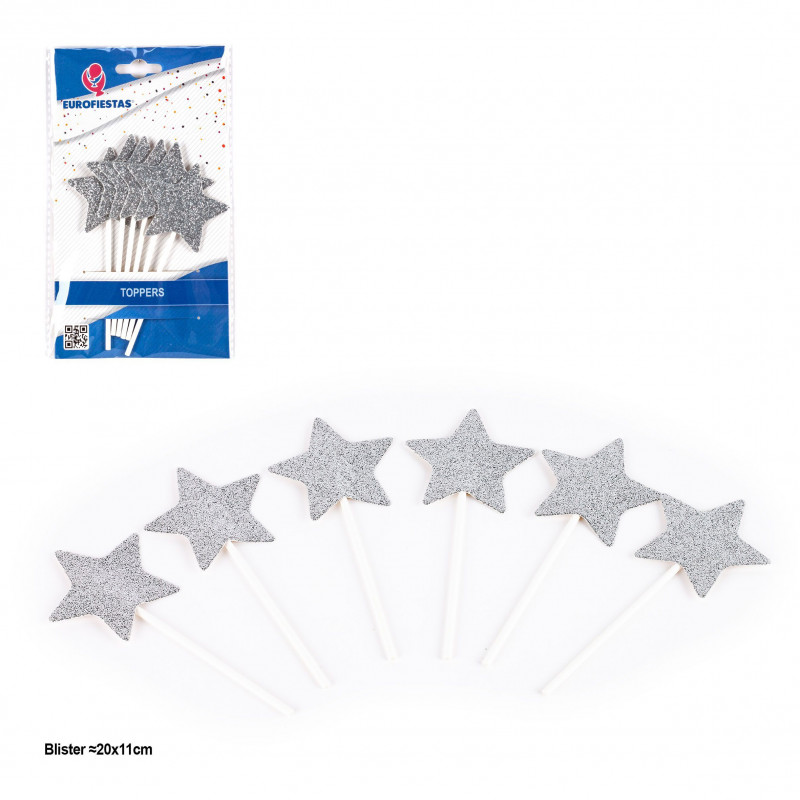 Topper étoiles paillettes argent 6pcs