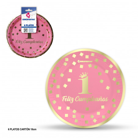 Assiette 18cm collection joyeux 1er anniversaire rose