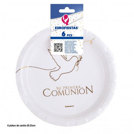 Assiette 6pcs 23cm colunion communion silhouette colombe or