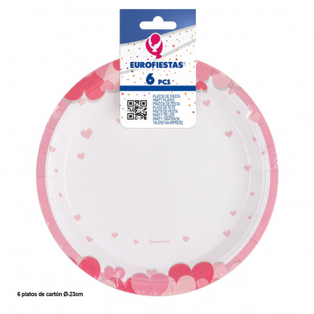 Assiette 6pcs 23cm chou rose coeurs amour