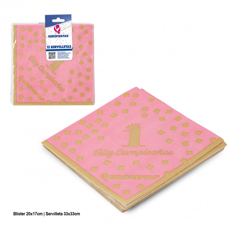 Serviettes collection heureux 1 anniversaire rose