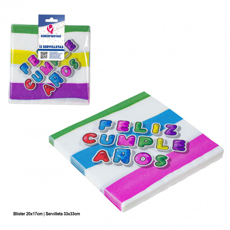 Serviettes collection rayures colorées joyeux anniversaire