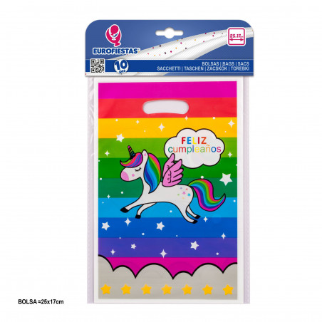 10 sacs en plastique arc-en-ciel joyeux anniversaire 25x16.5cm ballons
