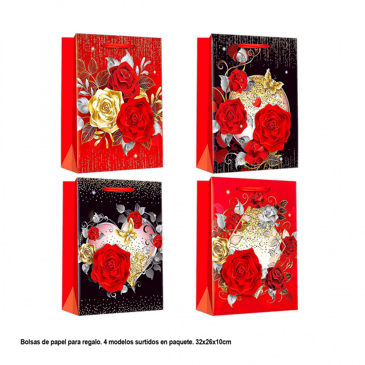 Sac San Valentin fleurs avec or 32x26x10cm 4ms med