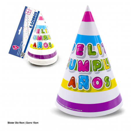 Chapeaux rayés colorés joyeux anniversaire 6 pièces