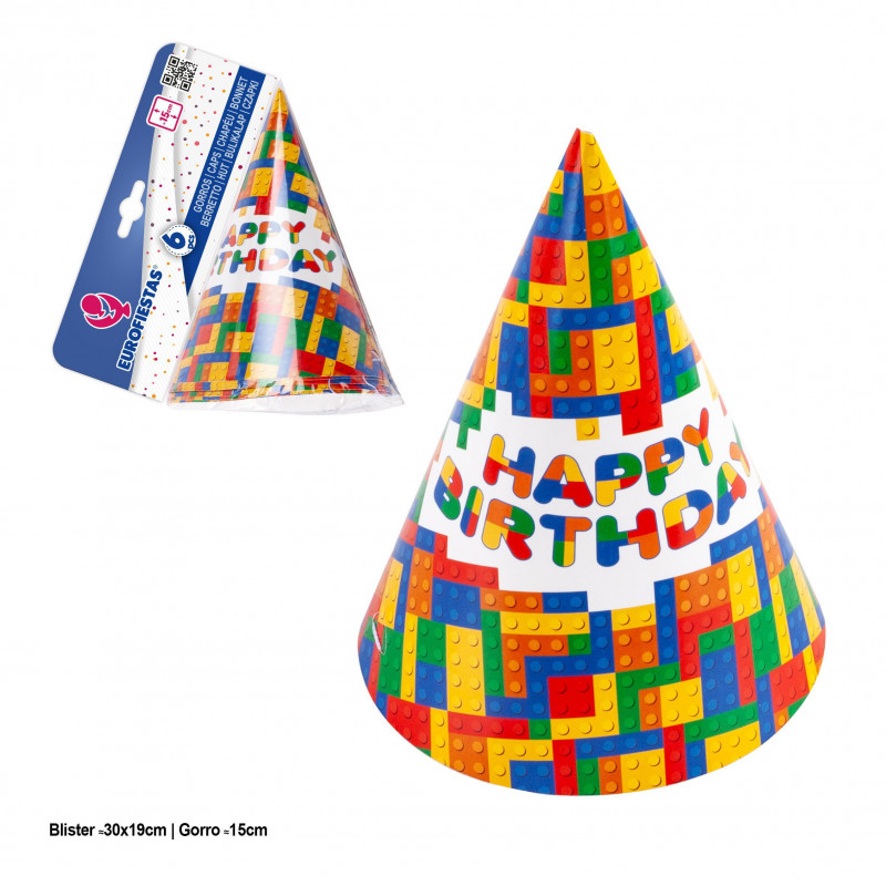 Chapeaux de fête « Joyeux anniversaire » à motif de blocs - Lot de 6