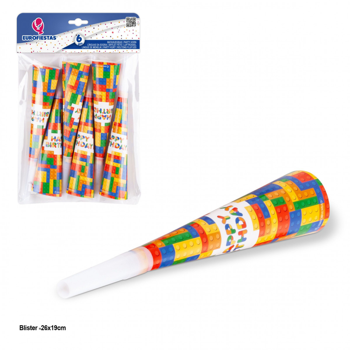 Siffleurs Joyeux Anniversaire avec Design de Blocs Pack de 6 Unités