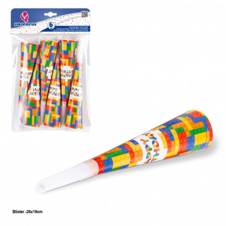 Siffleurs Joyeux Anniversaire avec Design de Blocs Pack de 6 Unités