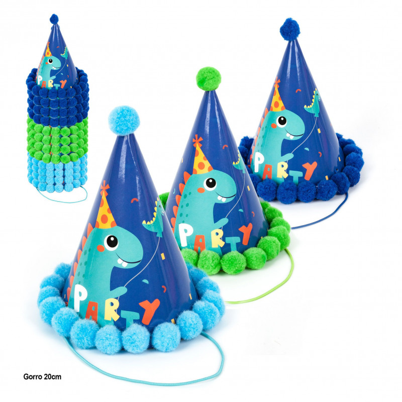 Bonnet 20cm pompons fête dinosaures bleus