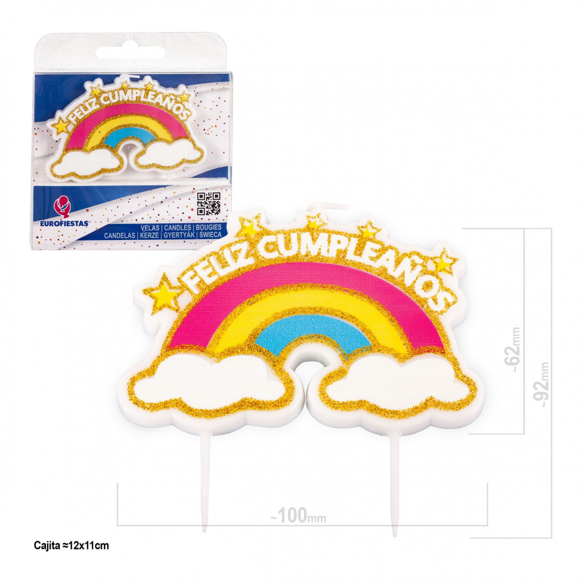 Bougie bloc joyeux anniversaire arc-en-ciel paillettes or