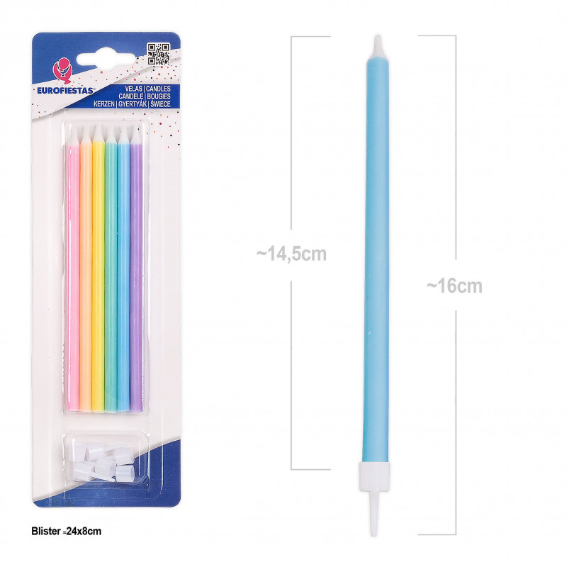 Bougies cylindriques couleur macaron pastel, 6 pièces, avec épingles colorées