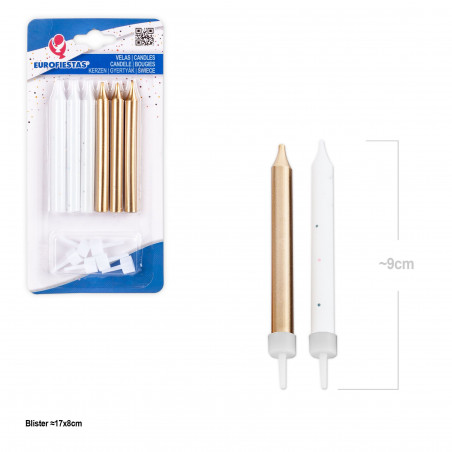 Bougies cylindriques blanches et dorées 6pcs
